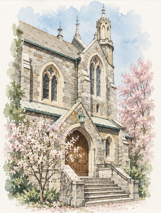 Watercolor illustration of Trinity Lutheran Church, corner view with cherry blossoms