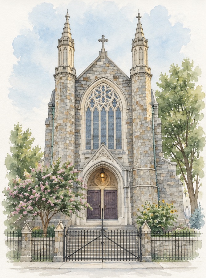 Watercolor illustration of Trinity Lutheran Church, frontal view with iron gate