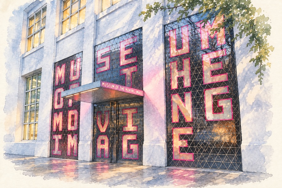 Watercolor illustration of the Museum of the Moving Image entrance with its marquee lettering